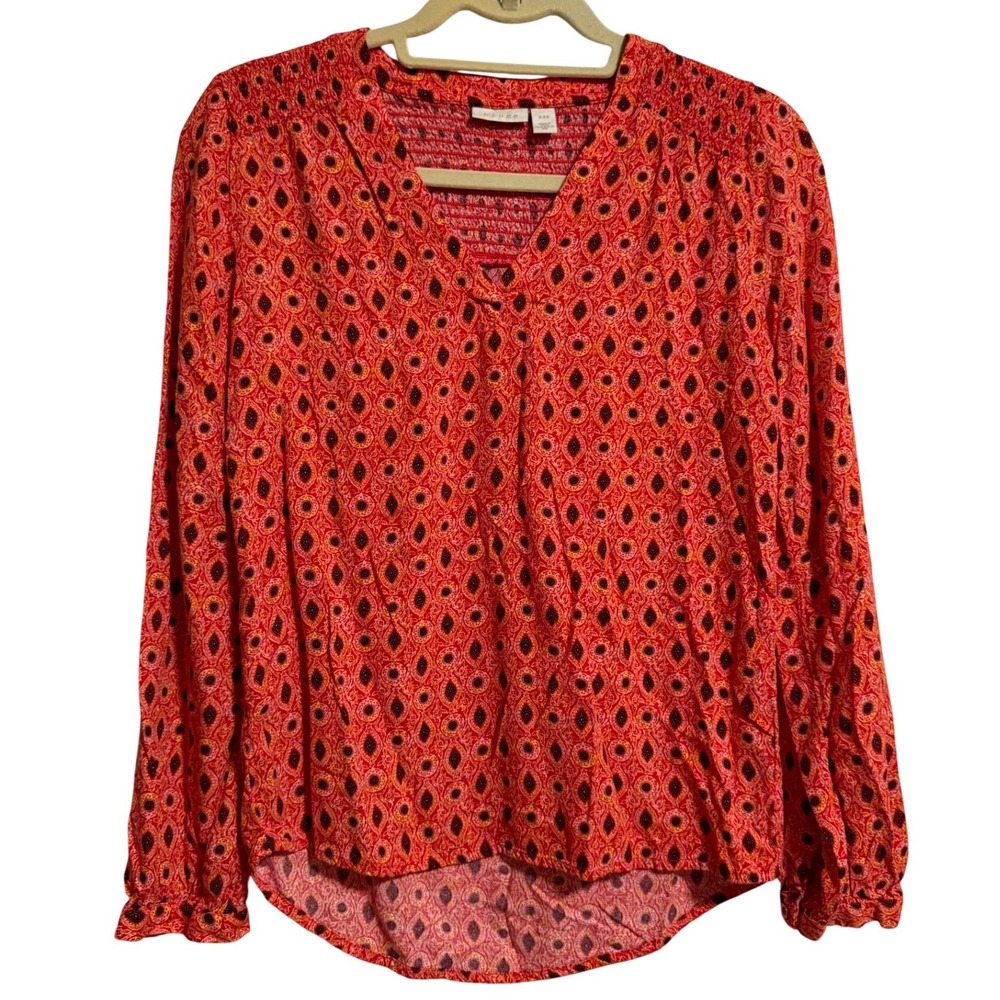 Hinge Red Geometric Paisley Smocked V-Neck Blouse XXS